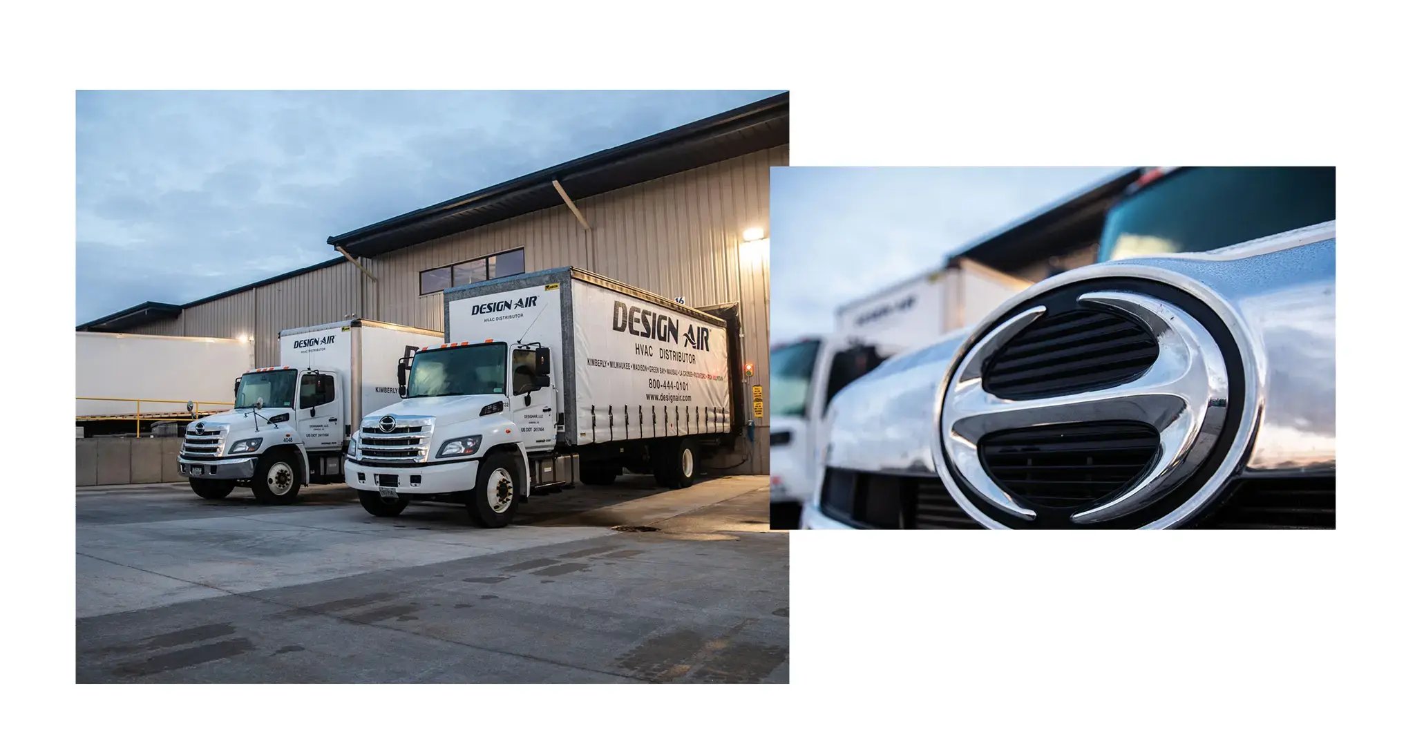 Two image collage of two white Hino Design Air trucks outside a warehouse and a close up of the Hino logo