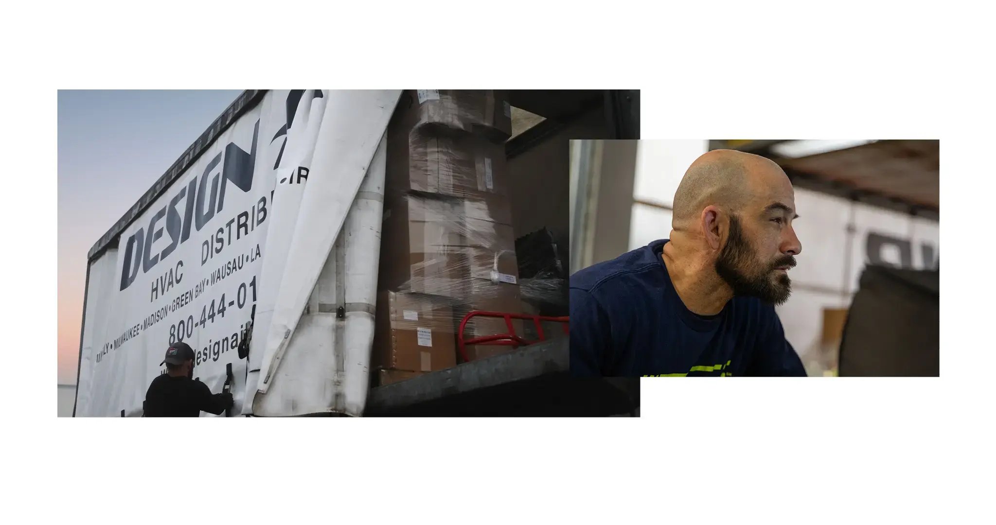 Two-image collage of a worker unloading a Hino Design Air truck and a close-up of a worker