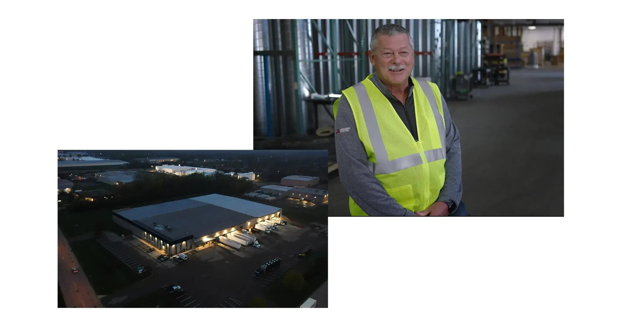 Two-image collage of a warehouse seen from above and a worker in a high-vis jacket