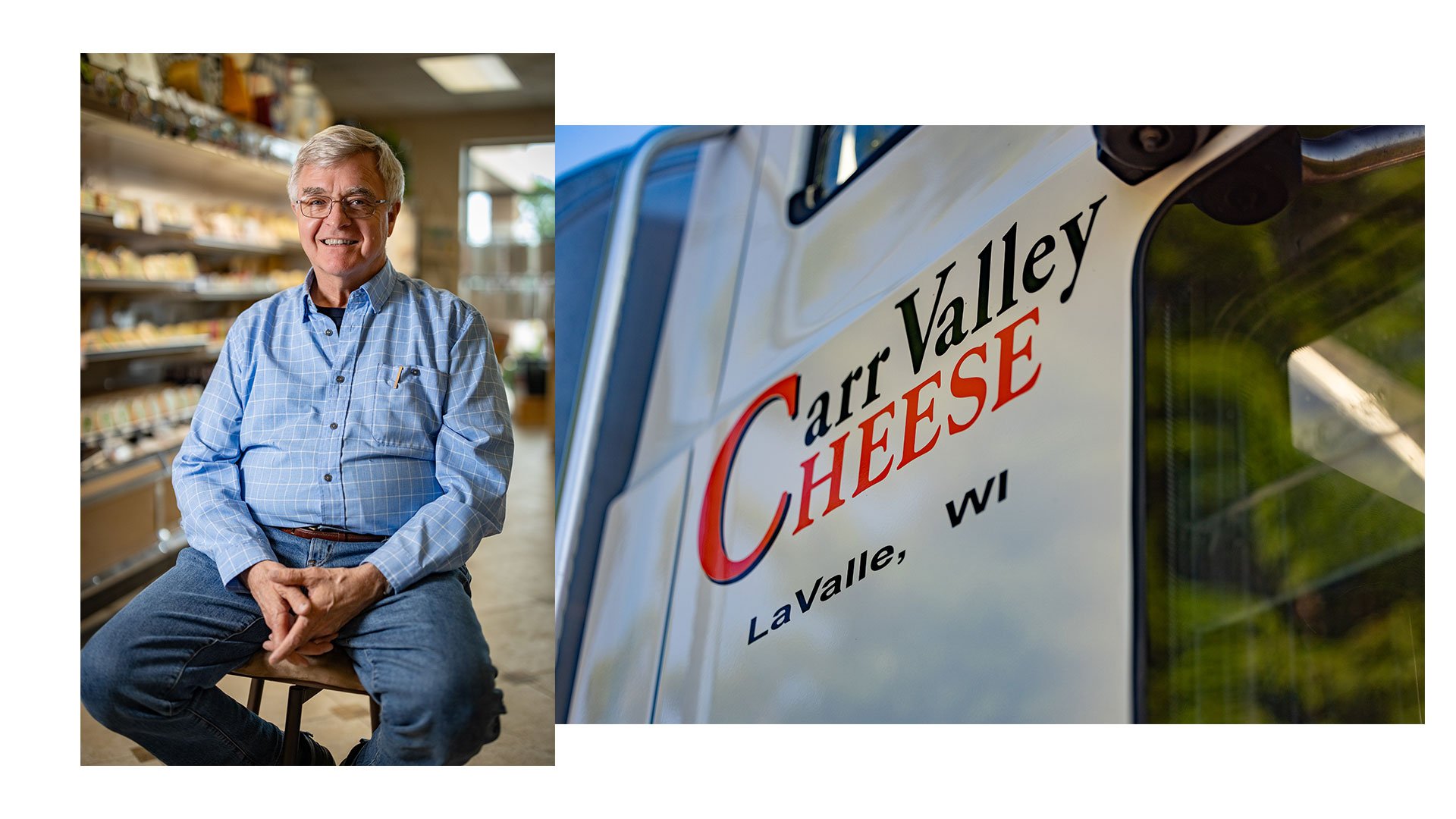 Two-image collage of Carr Valley Cheese owner, Sid Cook, and a close-up of a Carr Valley Cheese truck
