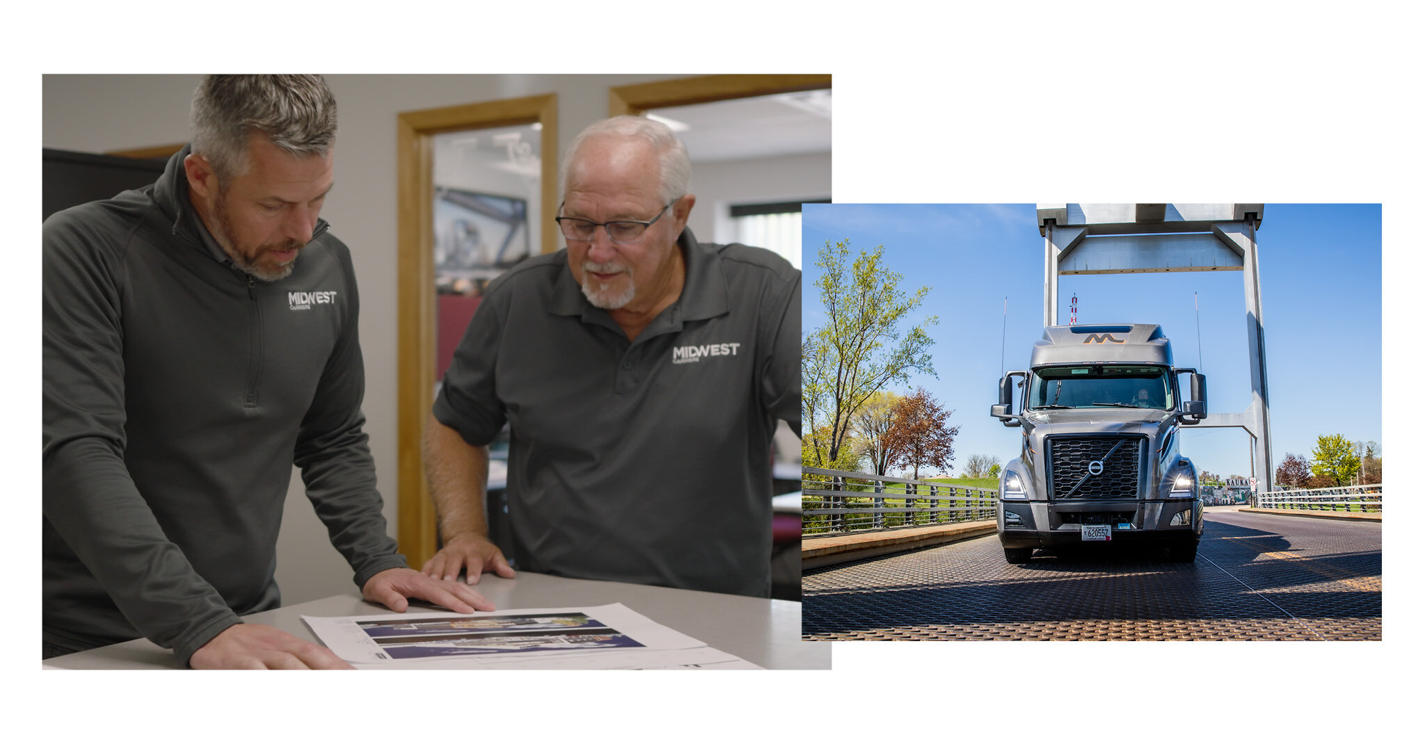 Two-image collage of two Midwest Carriers employees in dark gray shirts and a dark gray Volvo truck crossing a bridge