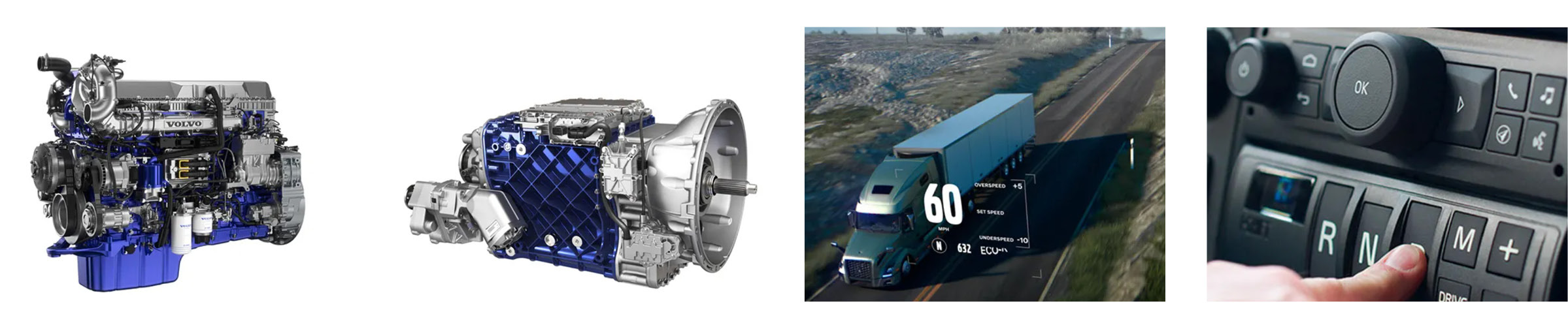 Collage of Volvo truck engines, trucks, and dashboards