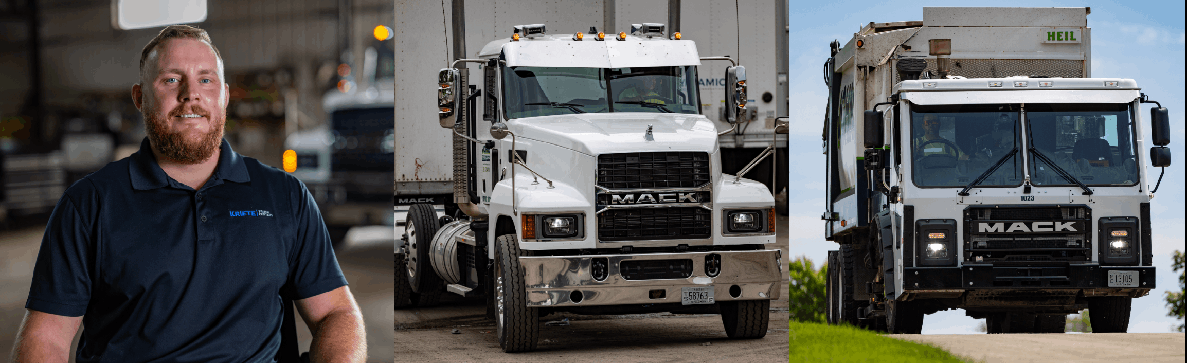 Three-image collage showing a Johns Disposal in a dark blue shirt, a parked white Mack truck, and another white Mack truck driving down a road