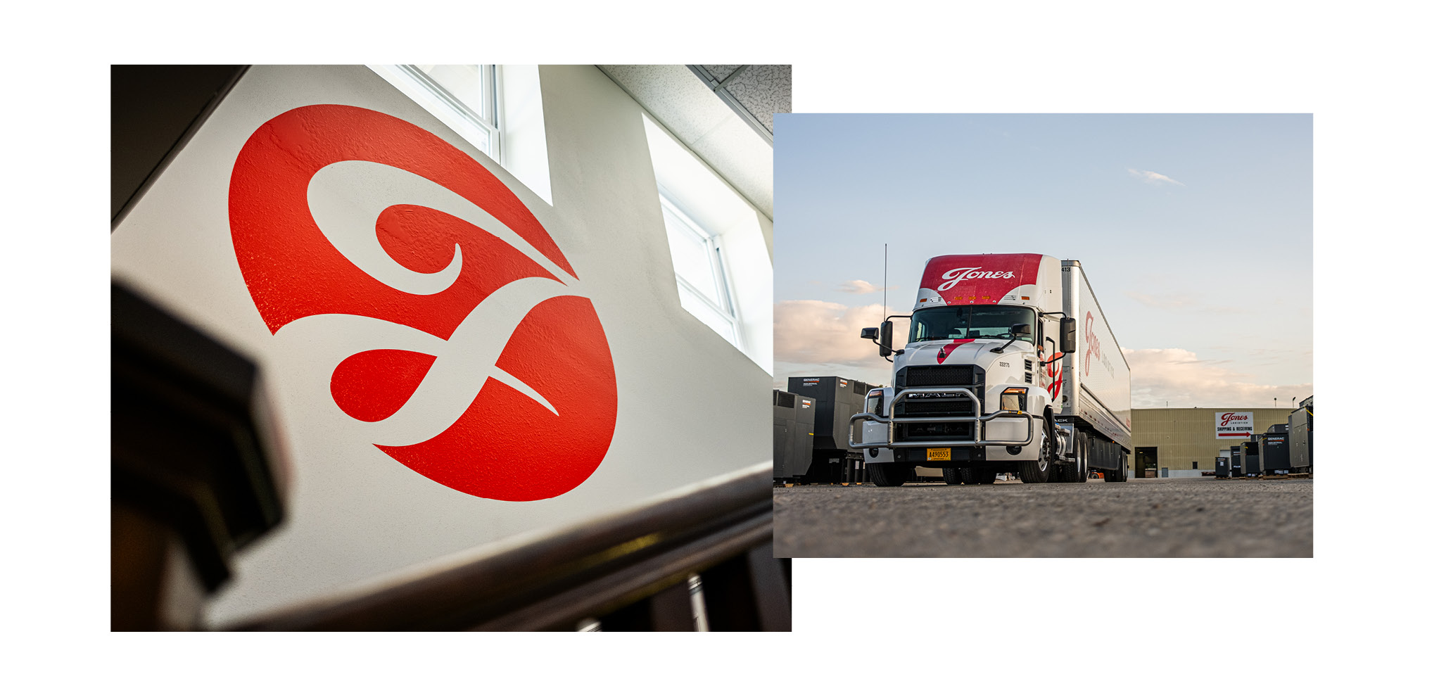Two-image collage of a Jones Logistics logo printed on a wall and a white Jones Logistics-branded truck