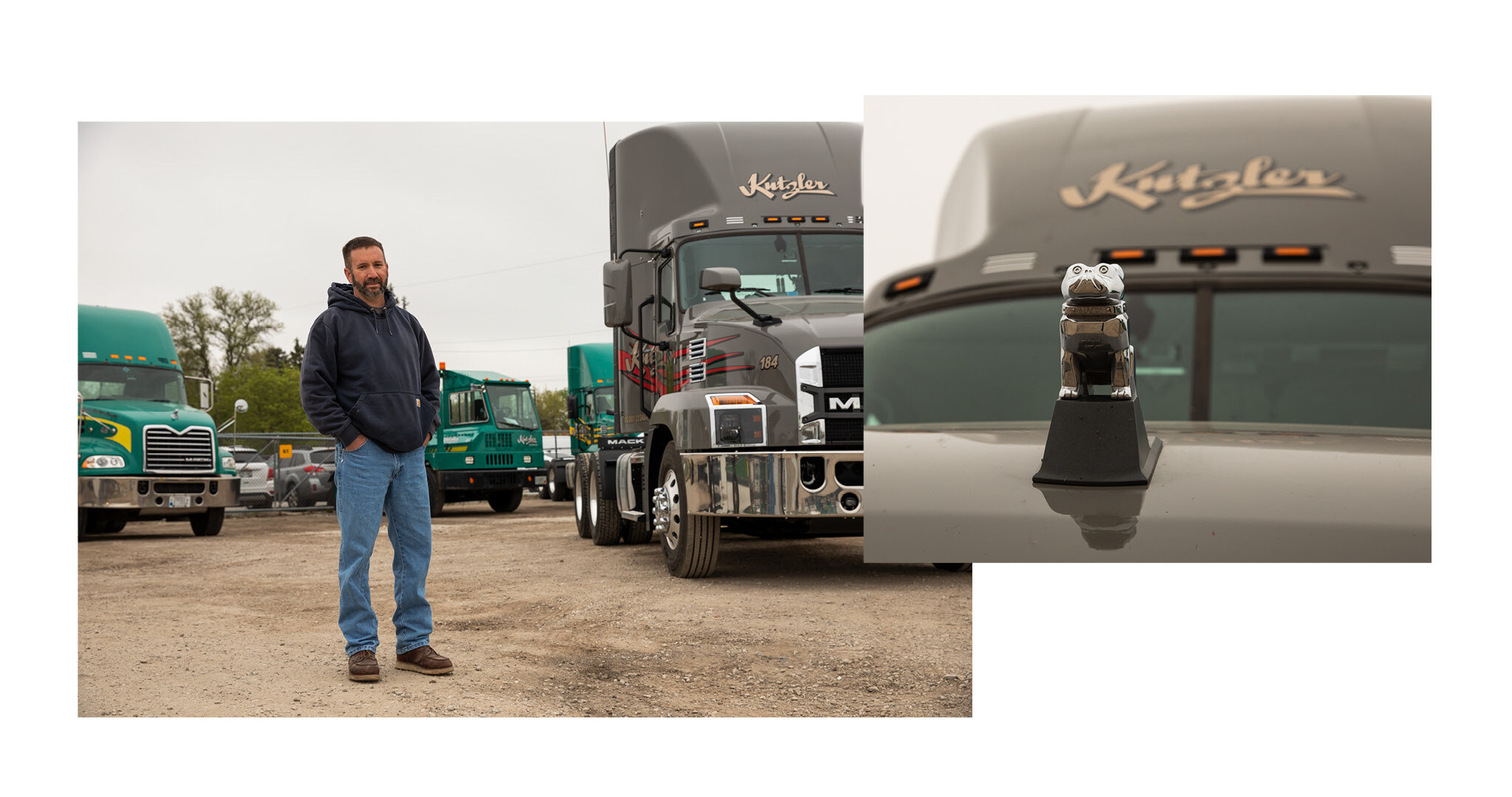 Two-image collage showing a Kutzler Express driver standing next to a branded black truck and a close-up of a truck's hood ornament