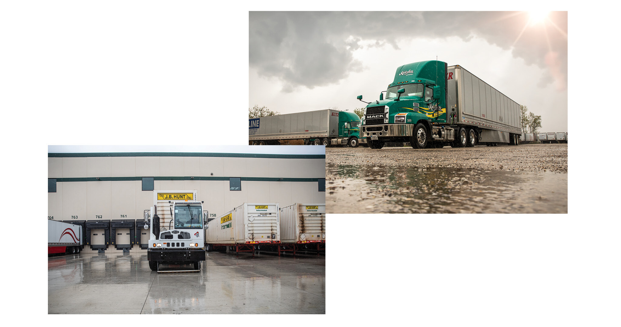 Two-image collage showing the exterior of a Kutzler Express warehouse and two branded green trucks in a muddy parking lot