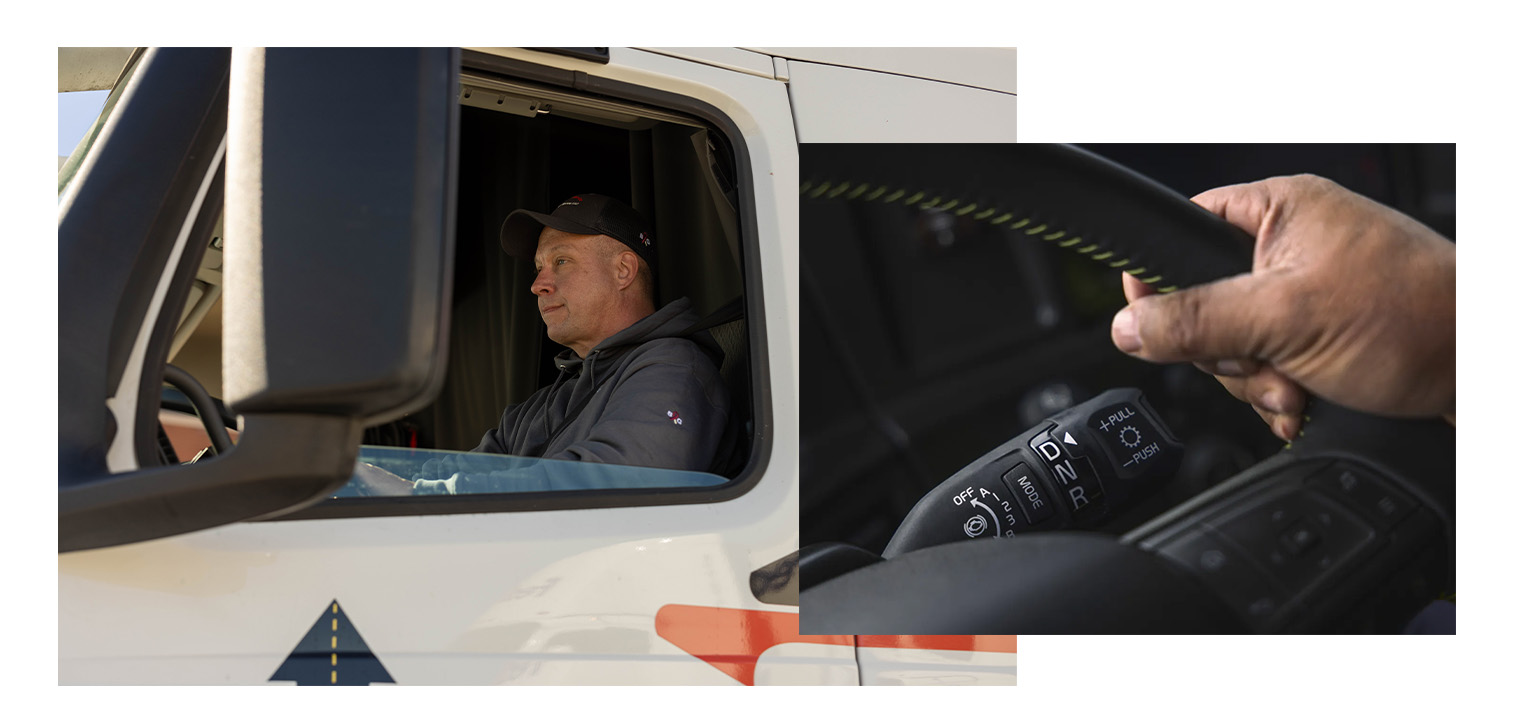 Two-image collage of Legacy Express driver Mark Schneweis in the driver's seat of a truck and a close-up of him holding the steering wheel