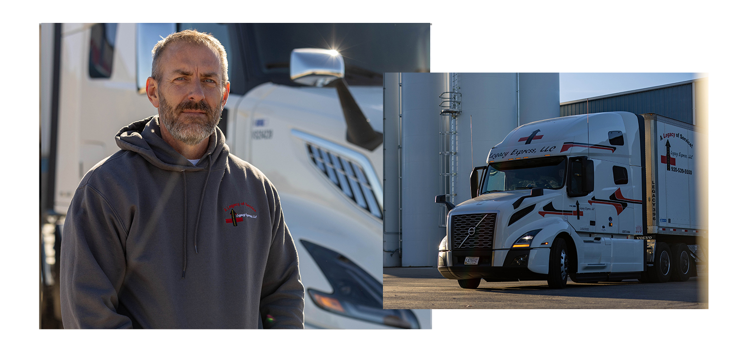 Two-image collage of Legacy Express president Jeff O'Brien and a branded, white Volvo truck