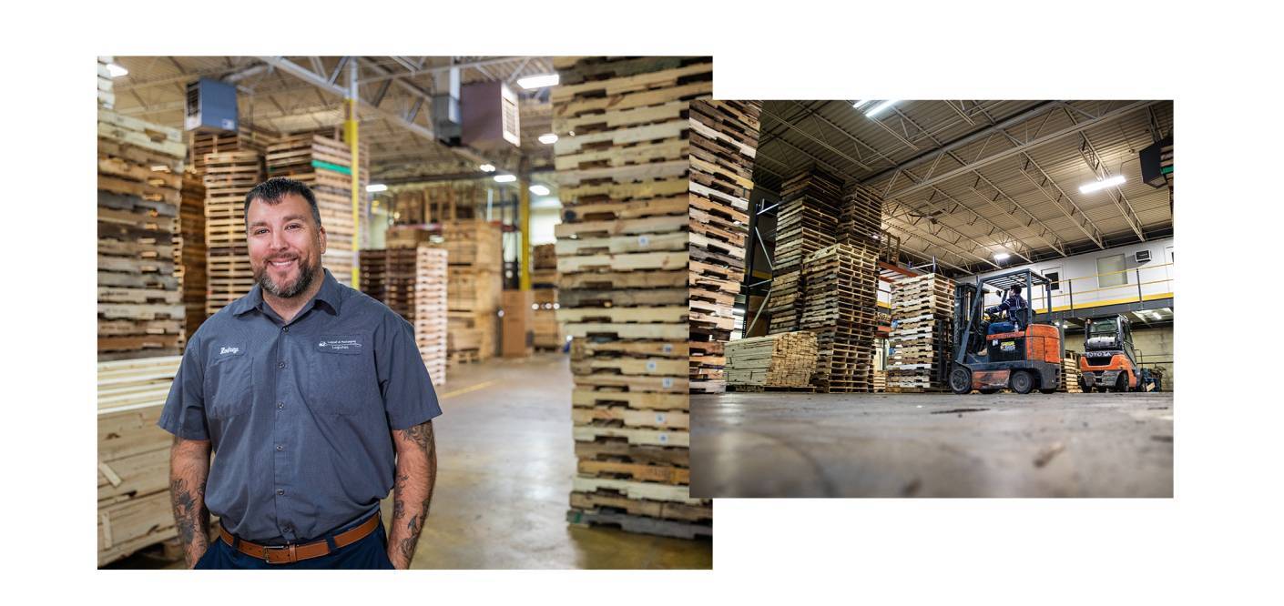 Two-image collage of Logical & Pckaging Logistics owner Rodney Hernandez and a forklift truck moving wooden pallets in a warehouse