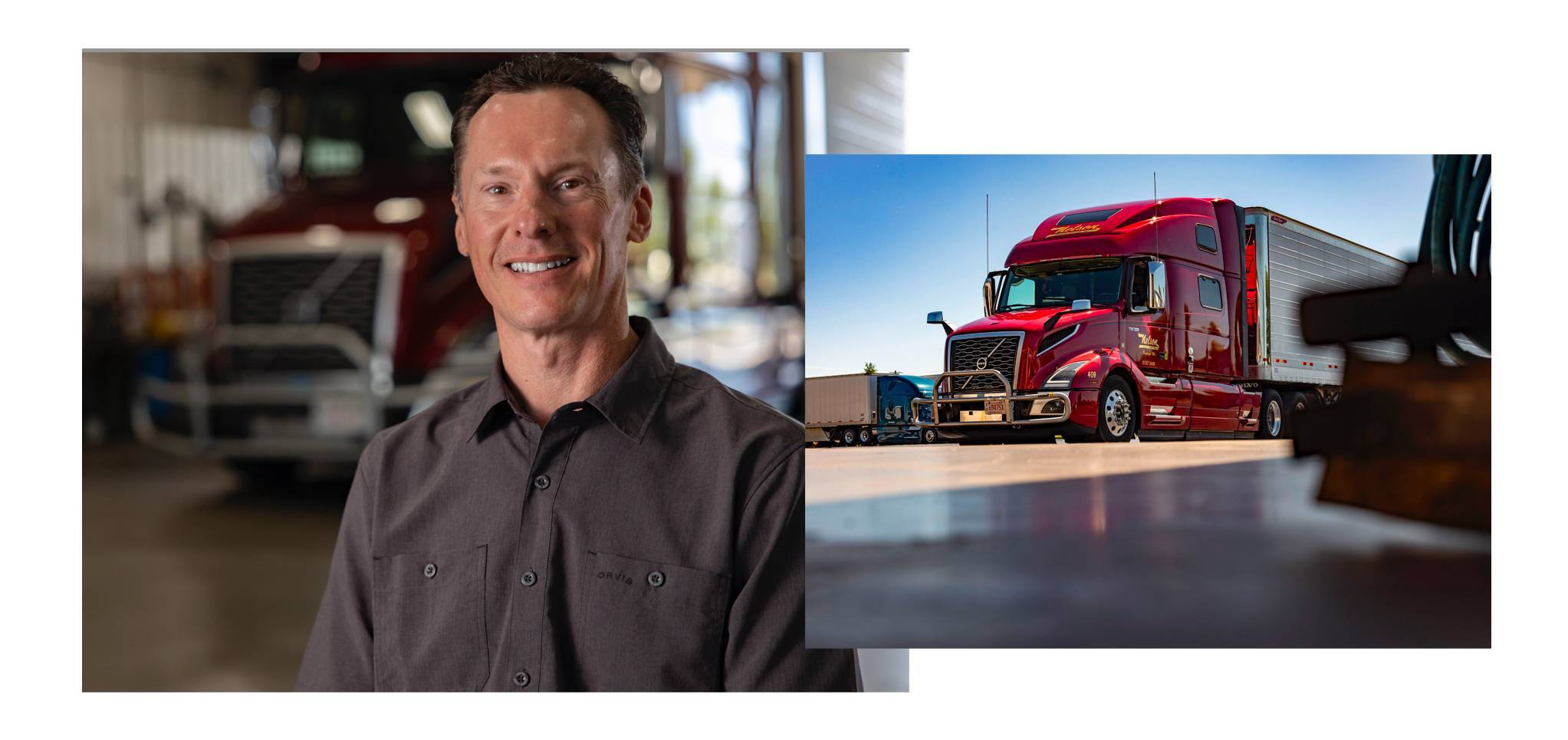 Two-image collage of Nelson Freight Service president Corby Jardanowski and a red Volvo truck in a parking lot