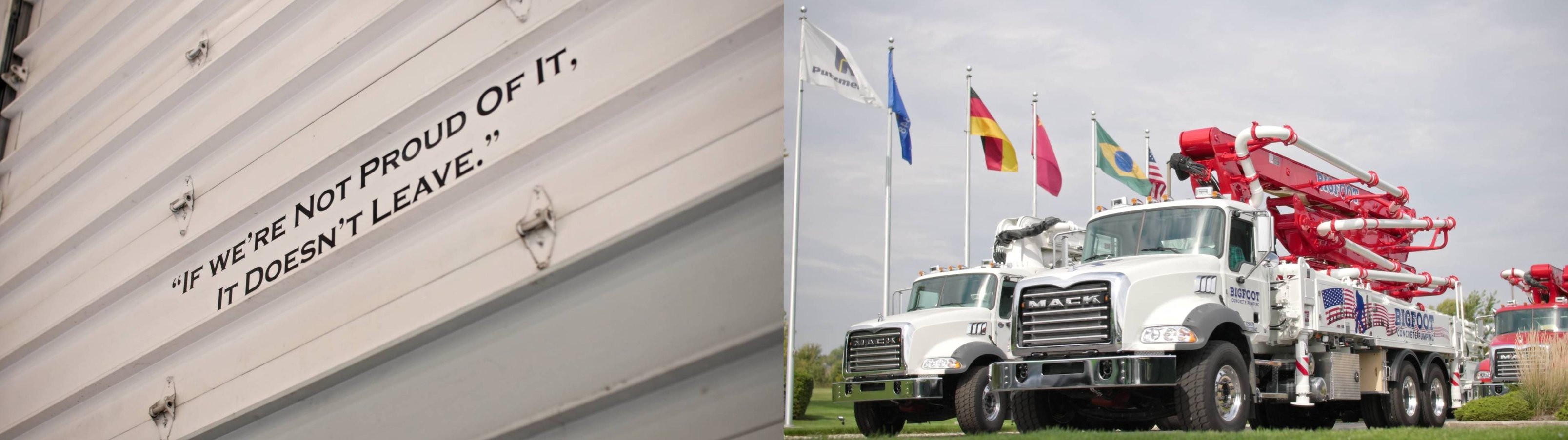 Two-image collage of a corrugated metal door and a pair of Mack trucks