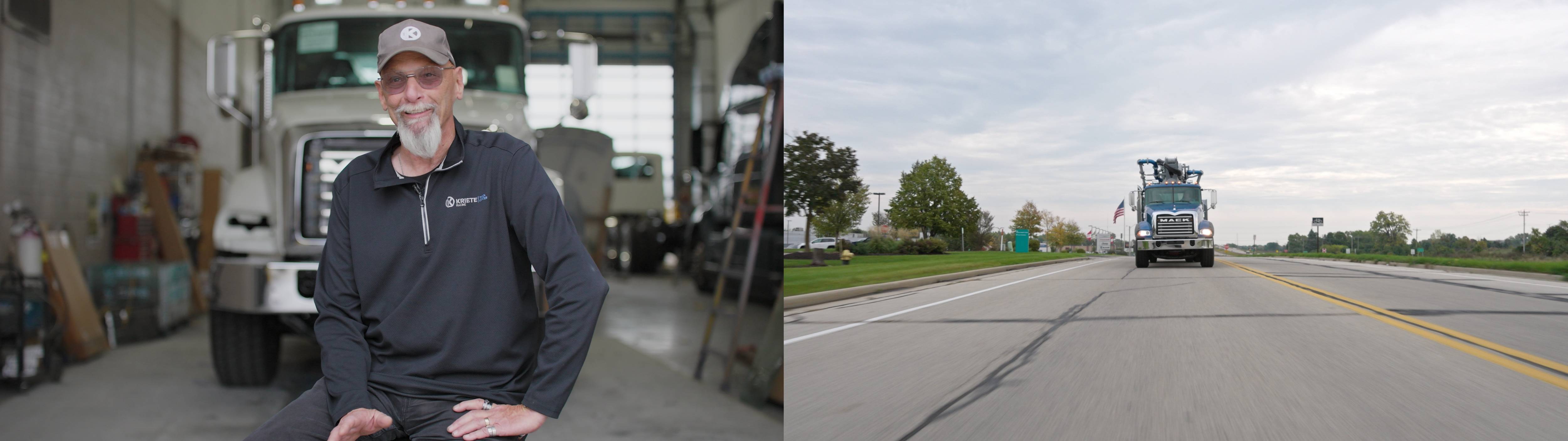 Two-image collage of a Putzmeister America employee in a black jacket sitting in front of a truck and a blue Mack truck driving down an empty road