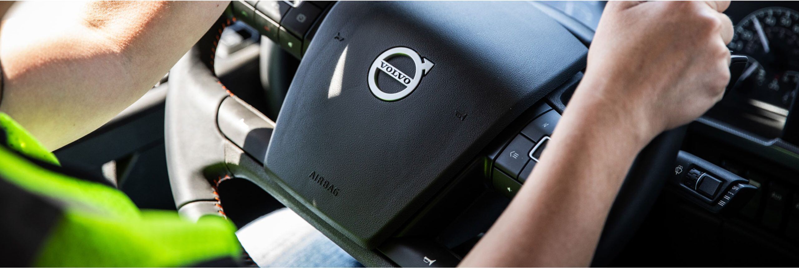 Close-up of a Volvo truck steering wheel