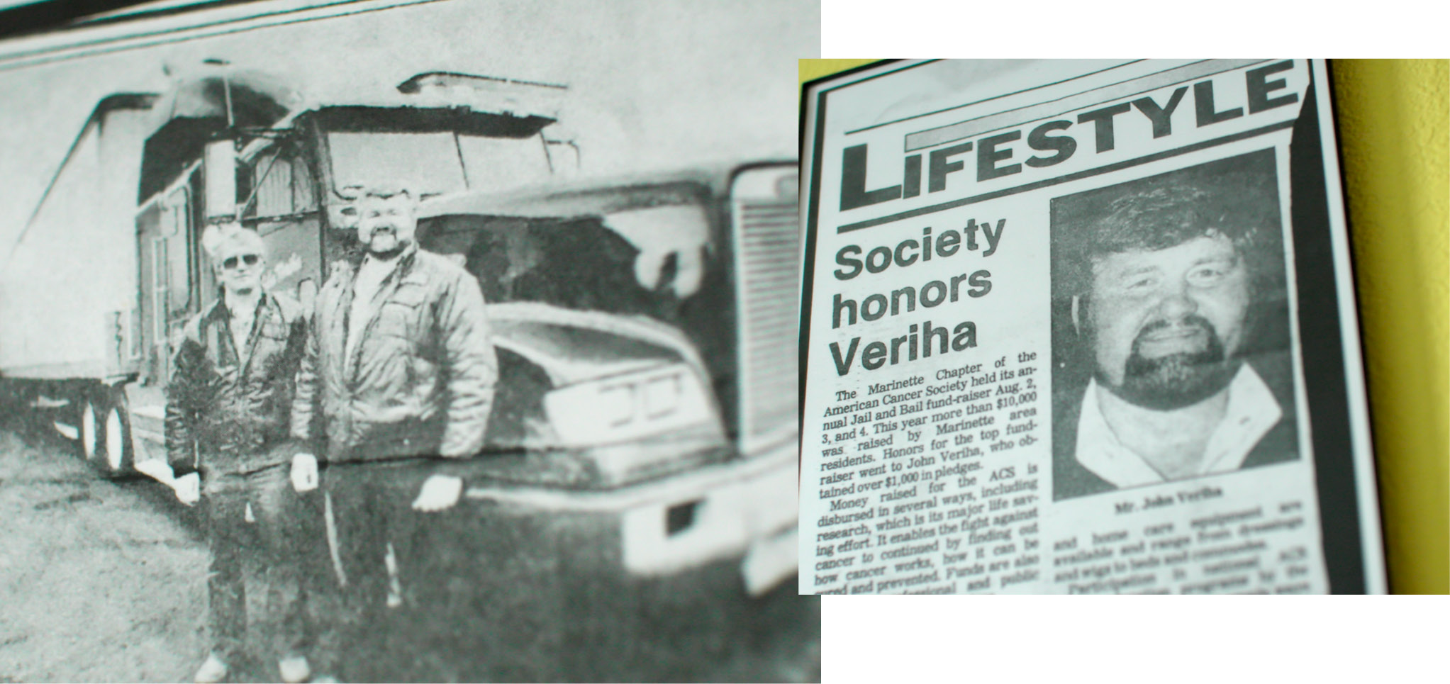 Two-image collage of newspaper clippings of founder John Veriha's obituary