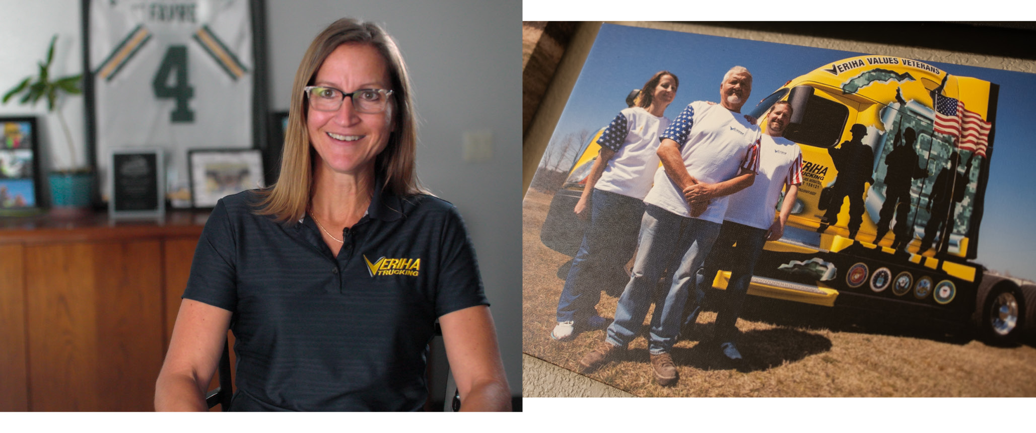 Two-image collage of owner Karen Smerchek and other Veriha employees standing in front of a yellow truck bearing designs supporting U.S. veterans
