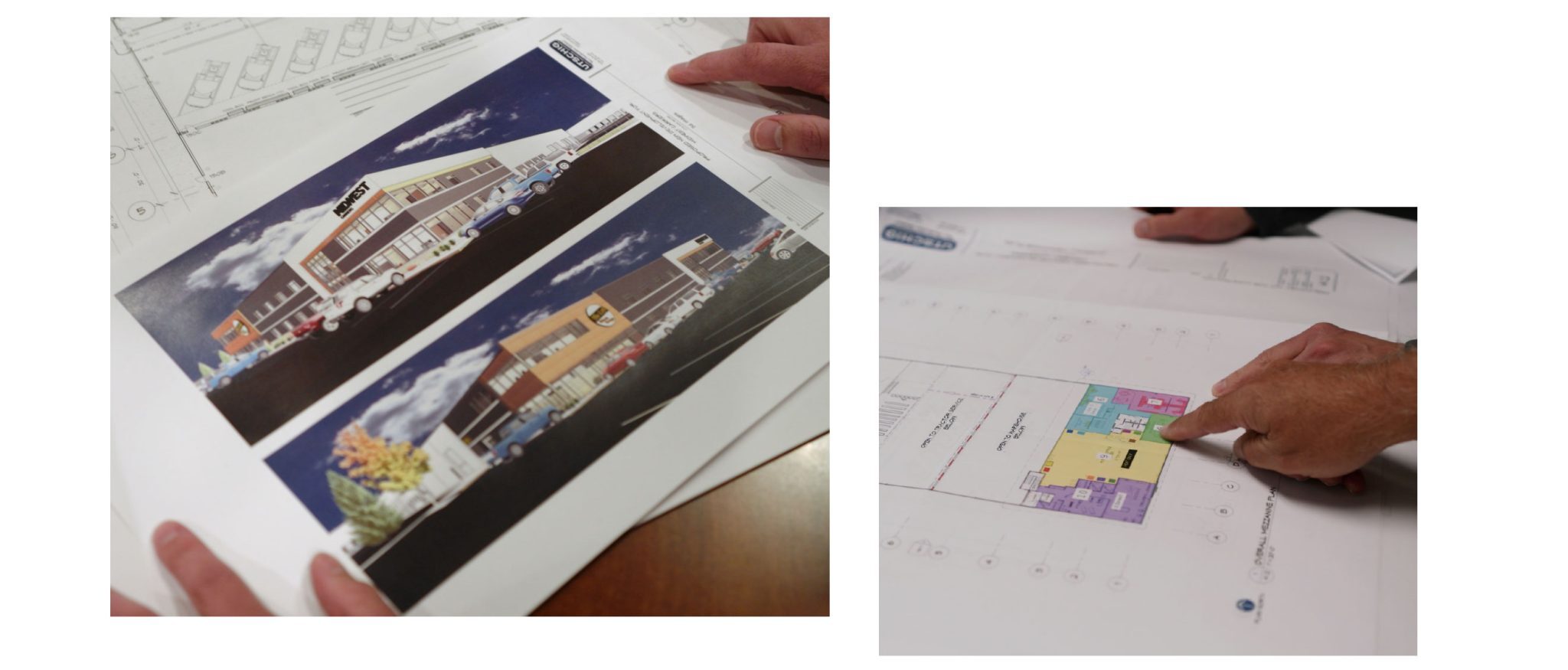 Two-image collage of an office building concept and floor plan