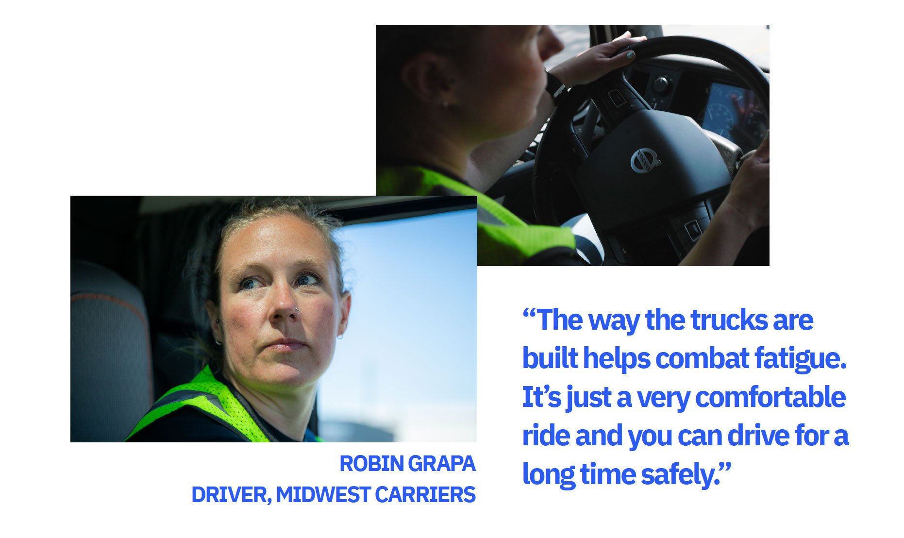 Two-image collage of Midwest Carriers driver Robin Grapa driving a truck in a high-vis jacket