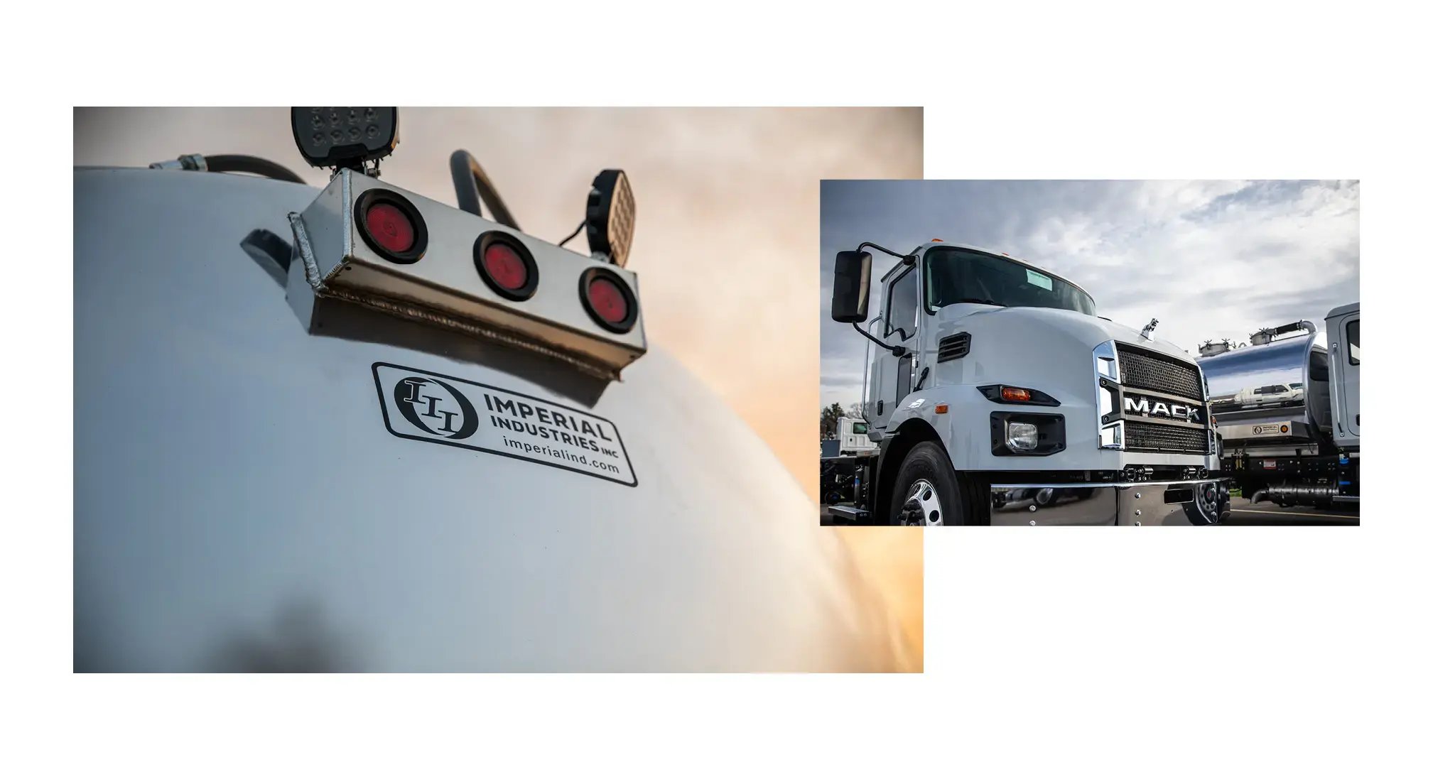 Two-image collage showing a close up of an Imperial Industries-branded truck and a parked white Mack truck