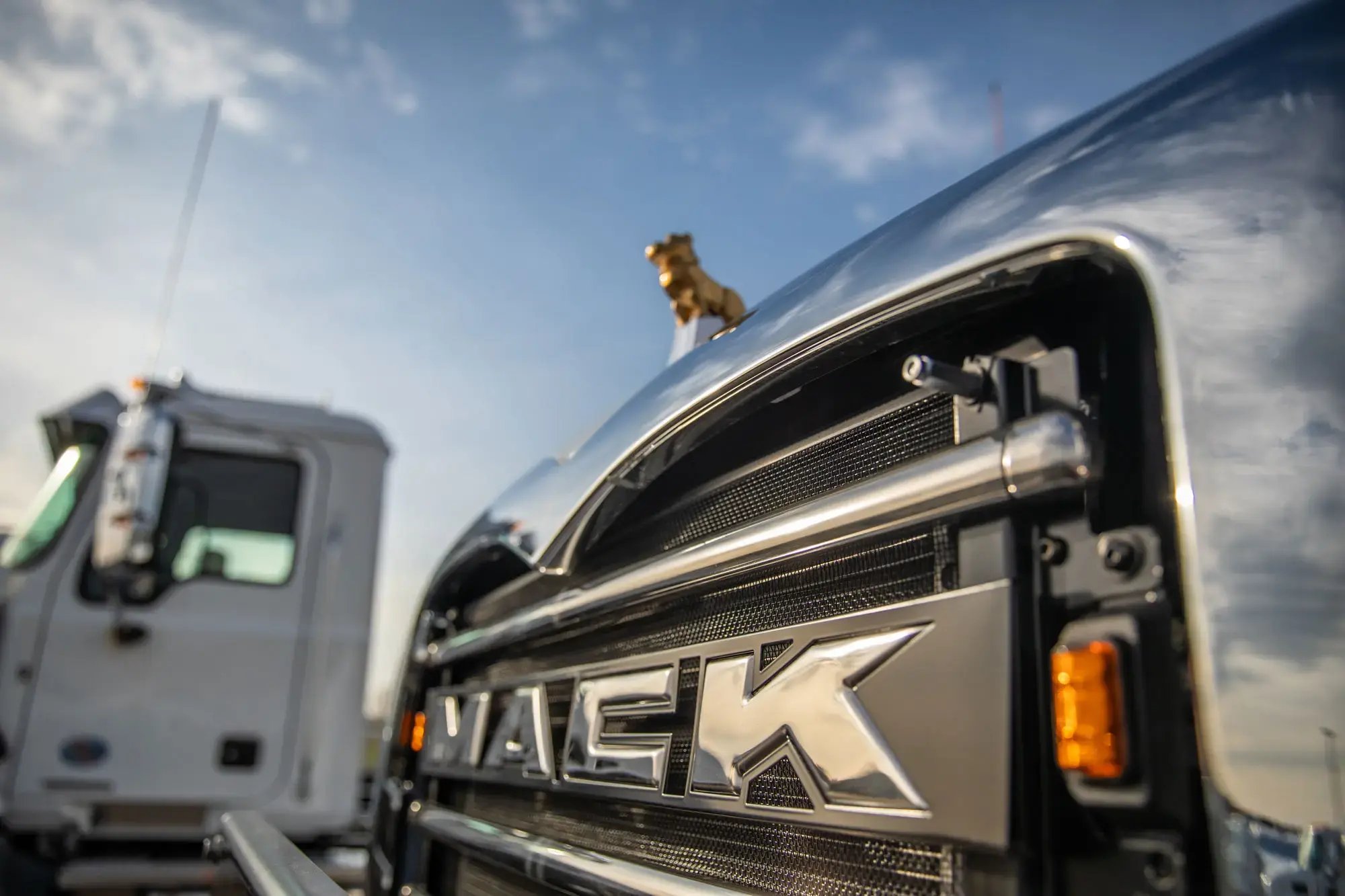 Close-up of a polished gray Mack truck