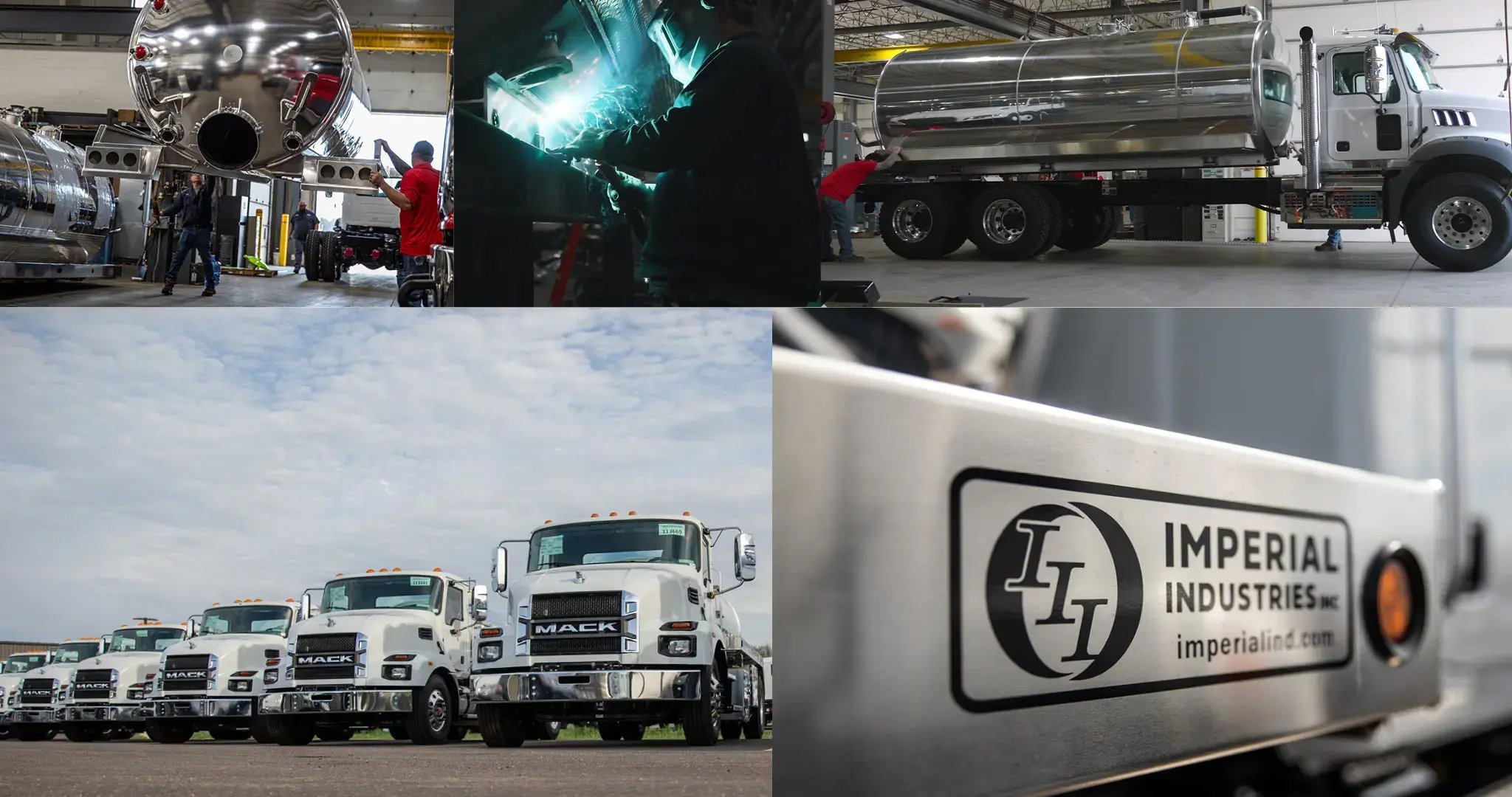 Collage of images showing Imperial Industries-branded trucks and maintenance technicians at work