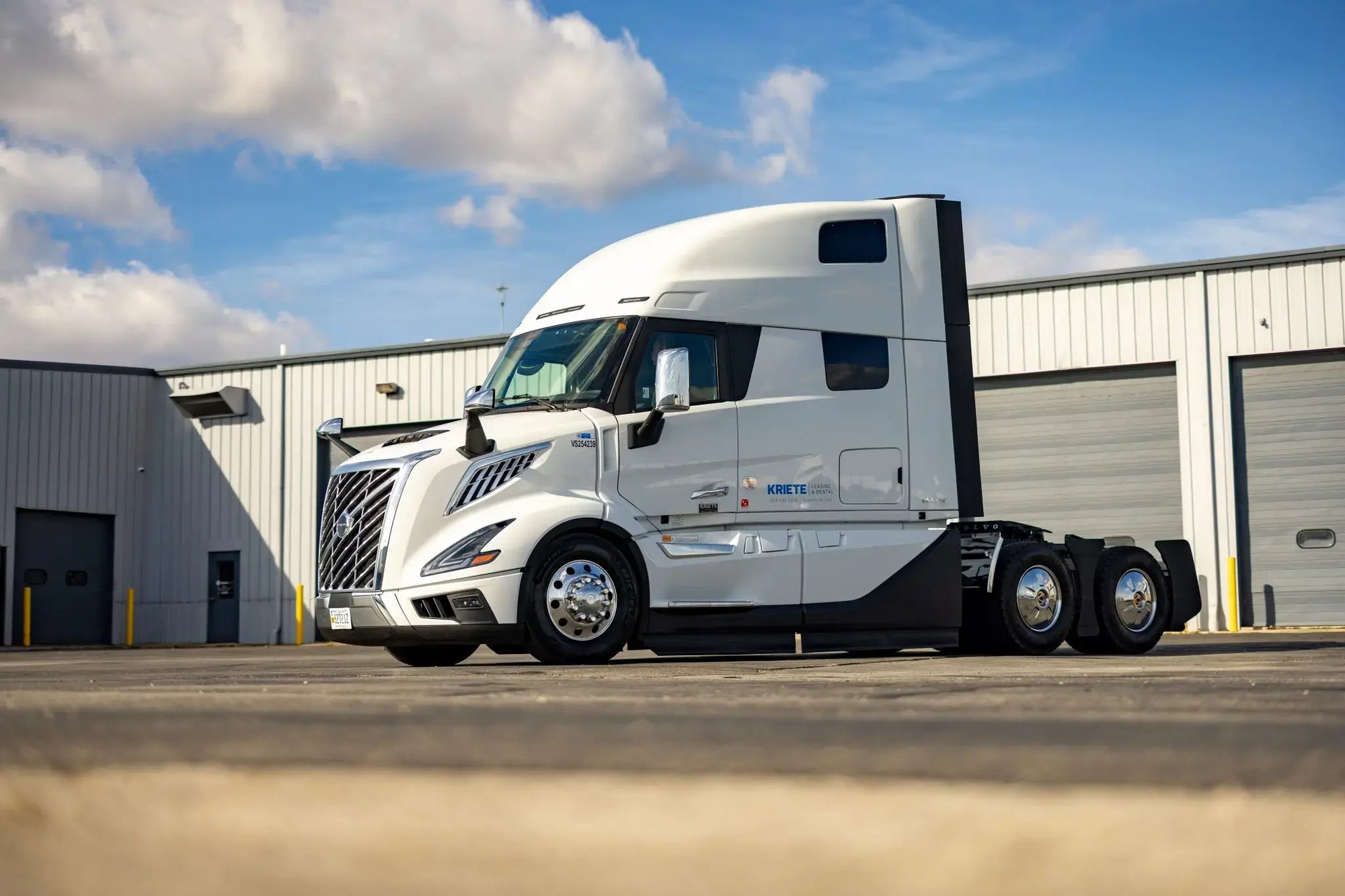 White Volvo VNL truck outside a Kriete facility