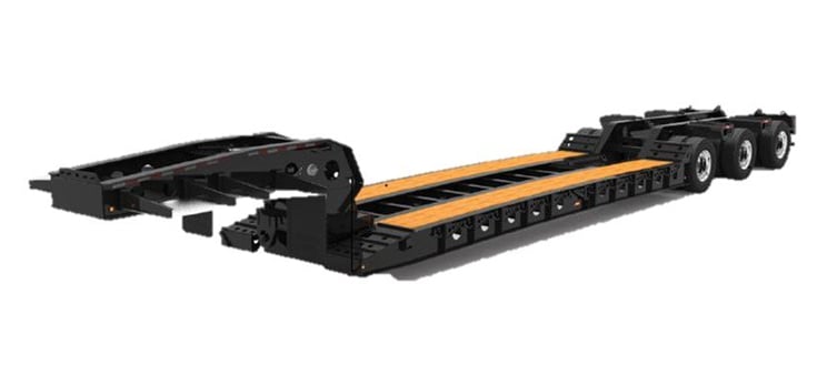 A black Cross Country detachable gooseneck trailer