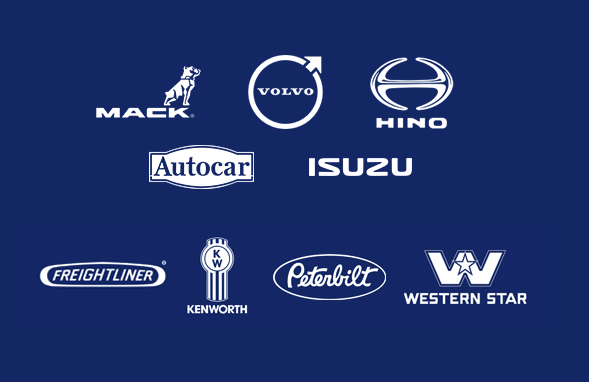 Assorted truck brand logos, including Mack, Hino, and Volvo