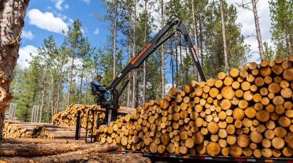 A black Barko 110XL utility loader being used to stack logs