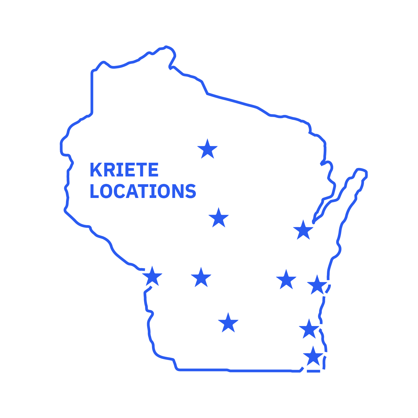 Simplified map of Wisconsin with stars representing Kriete locations